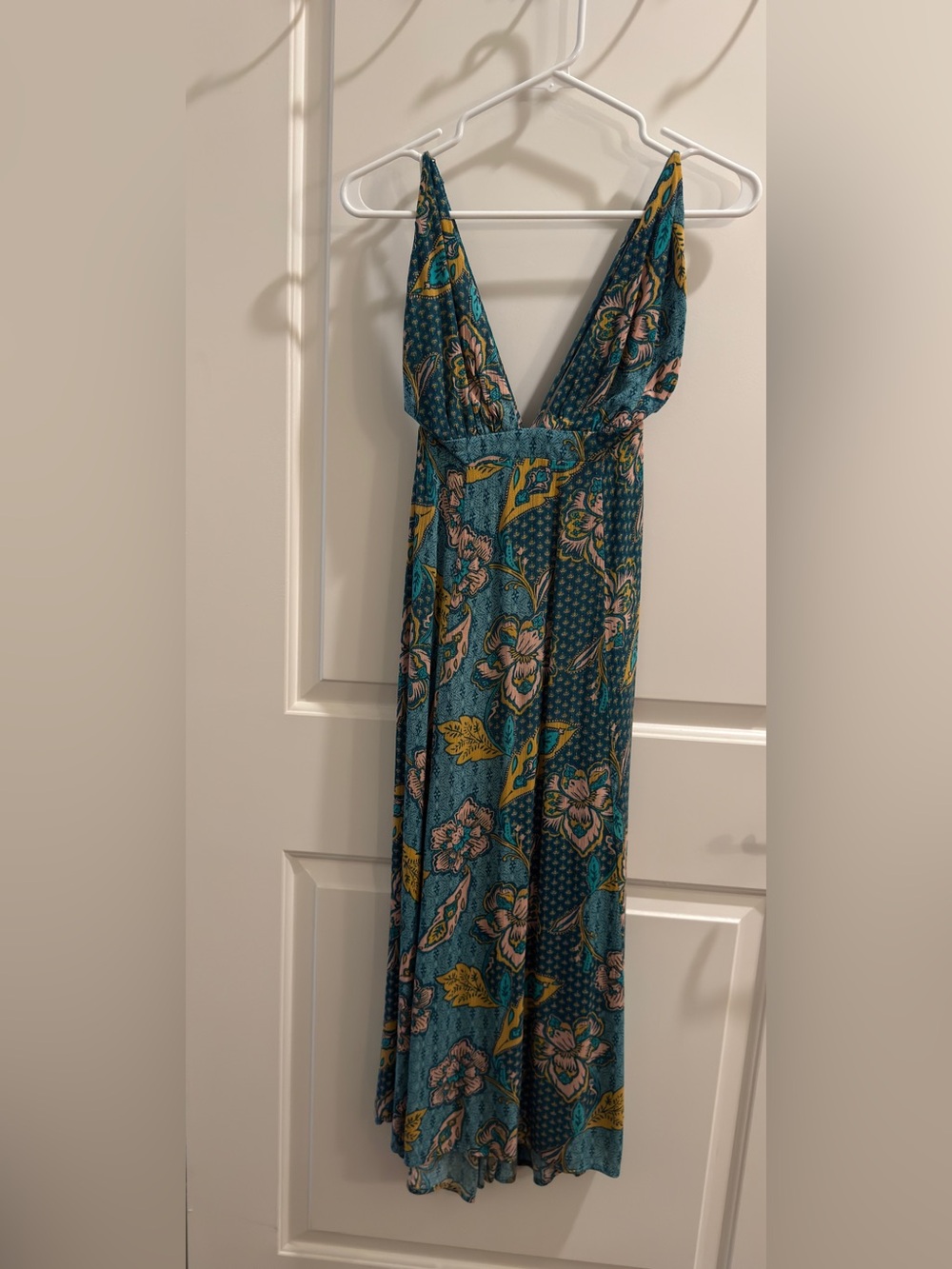 MINKPINK Teal Floral Maxi Dress with Pink and Yellow Accents